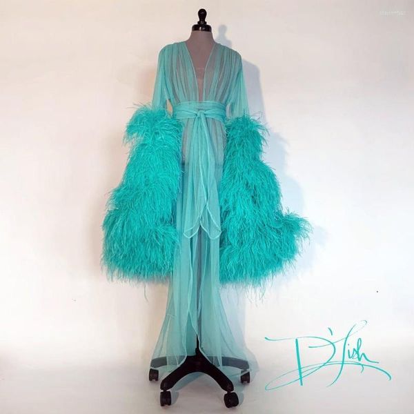 Robe de demoiselle d'honneur menthe plume d'autruche femmes vêtements de nuit peignoir long tulle kimono robe de chambre nuisette ceinture lingerie robe de bain pantalon de luxe