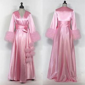 Robe de demoiselle d'honneur en fourrure rose, vêtements de nuit de mariage avec ceinture, robe de nuit en soie douce pour femmes, manches longues, pyjama sur mesure
