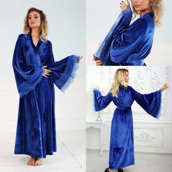 Vestido de dama de honor, conjunto de bata azul real para mujer, albornoz de encaje, ropa de dormir de noche, vestidos de dormir para mujer, lencería de terciopelo para mujer