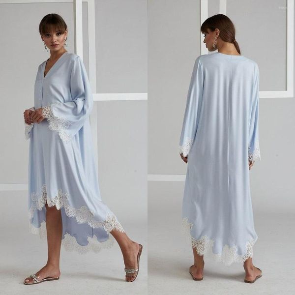 Robe de demoiselle d'honneur bleu ciel femmes vêtements de nuit bord en dentelle peignoir Hi-Lo robe de chambre nuisette Tulle Lingerie robe de bain Simple sur mesure