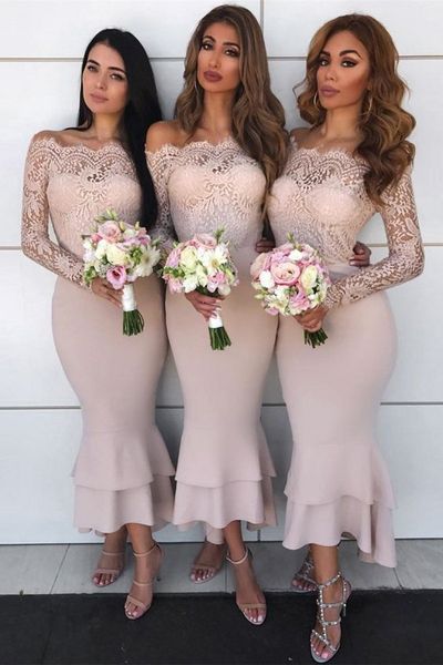 Robes de demoiselle d'honneur 2020 Blush rose pays épaule dénudée plage robes d'invité de fête de mariage arabe junior robe de demoiselle d'honneur manches longues