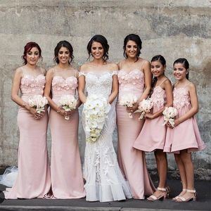 Bruidsmeisjekleding voor bruiloften Arabische blush roze spaghetti riemen kant -appliques 3d bloemen zeemeermin lange plus size maid of honor jurken