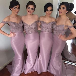 Bruidsmeisjesjurken Nieuwe Arabische Lace V Neck Off Shoulder Beads voor Wedding Court Train Mermaid Party Dress Plus Size Prom Jurns Under