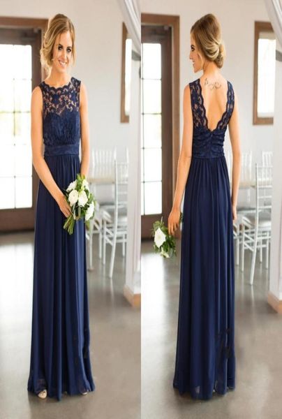 Vestidos de dama de honor Nuevo País barato para bodas Azul marino Cuello joya Apliques de encaje Hasta el suelo Tallas grandes Dama de honor formal 5779587