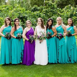 Bruidsmeisjesjurken Turquoise Eén schouder Eenvoudige ruches Chiffon Gelaagde rok Landelijke bruiloftsgast Formele bruidsmeisjejurk