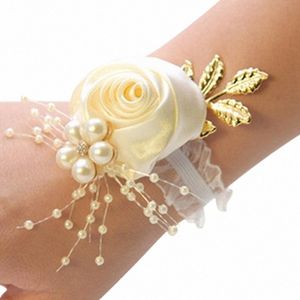 demoiselle d'honneur Bracelet Rose Bracelet Corsage Corsage Polyester Ribb Pearl Bow Bridal Gifts Hand Frs Party Prom Acntice Y6BD #