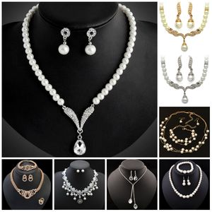 Bruidsmeisje sieraden set voor bruiloft kristal strass traan druppelvormige mode sieraden parel ketting hangers oorrang feest sieraden sets