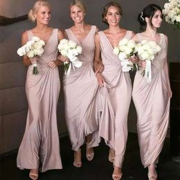 Bruidsmeisje nek enkel champagne riemen jurken v lengte strand plus size bruiloft gasten jurken op maat gemaakte formele avondkleding
