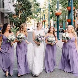 Bruidsmeisje spaghetti lavendor riemen jurken vloer lengte chiffon van de schouder op maat gemaakte bruidsmeisje jurk land bruiloft slijtage plus maat