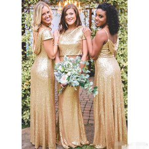 Bruidsmeisje Sparkly Gold -pailletten Jurken Korte mouwen Tweede stuk juweel Spaghetti Banden vloerlengte op maat gemaakte plus size meid of honor jurk