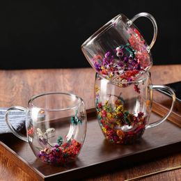 Les fleurs brèves manipulent des gobelets en verre transparent tasses doubles couches 350 ml 250 ml de bière Boire de l'eau froide boisson bouteille glacée