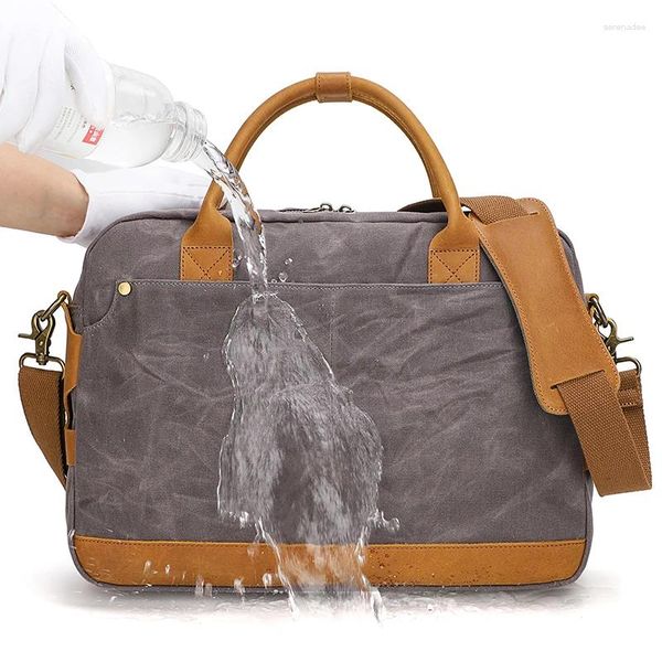 Maletines 15.6 pulgadas impermeable vintage cuero encerado lienzo maletín bolso computadora portátil bolso resistente bolso hombro hombres