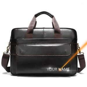 Aktetassen 2021 Vintage handtas Gratis naam Afdrukken Echte lederen Hoge kwaliteit Casual schouder Crossbody Messenger Bag voor mannen