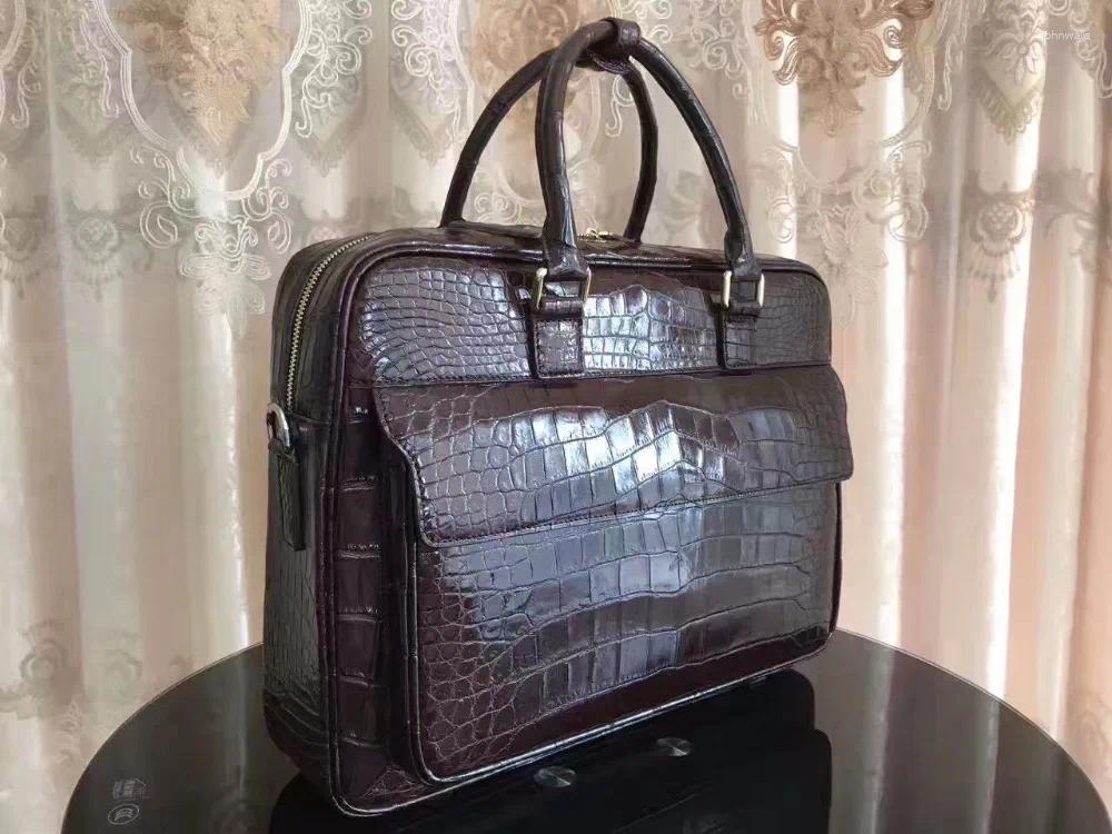 BRECHCASES 2023 MEN BROWN CROCODILE BELLY SKIN PRECORCE PAG FRONT FLAP Äkta läder Business Laptop dragkedja