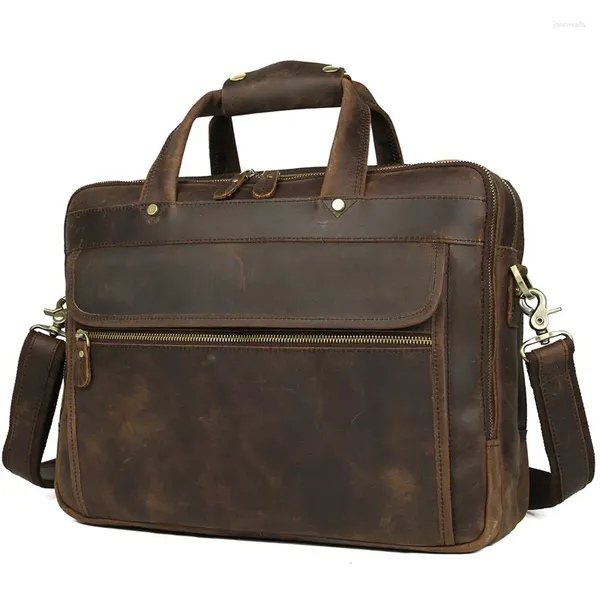 Porte-documents A4 Vintage marron épais véritable Crazy Horse cuir exécutif hommes porte-documents portefeuille 14 ''15.6'' sac de messager pour ordinateur portable M7388