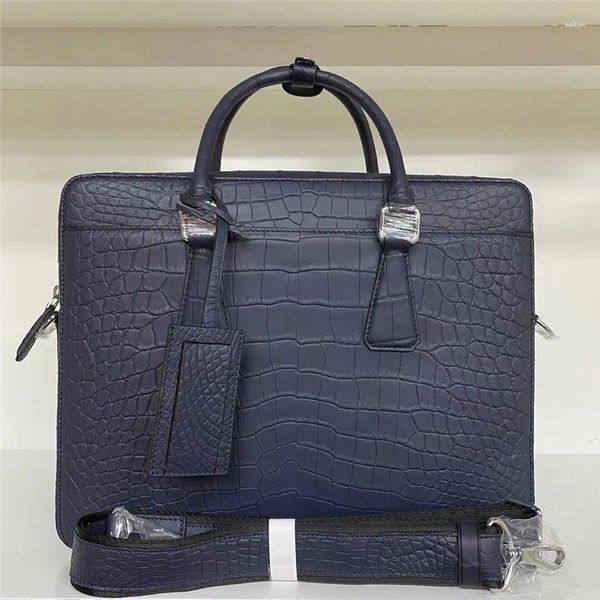 Authentique peau de ventre de crocodile MaFinish bleu marine hommes d'affaires porte-documents sac à main de travail véritable alligator cuir homme sac à main