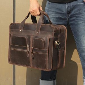 Porte-documents Grand marron noir grain supérieur véritable cuir de cheval fou 17 '' ordinateur portable hommes porte-documents voyage d'affaires sac de messager portefeuille M7387