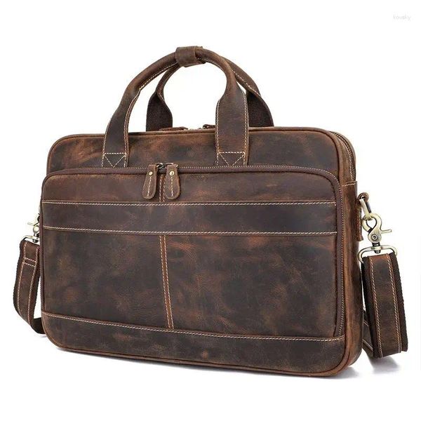 Porte-documents noir marron Vintage en cuir véritable de grain supérieur pour hommes avec fermeture éclair YKK portefeuille 14 '' 15.6 '' sac de messager pour ordinateur portable