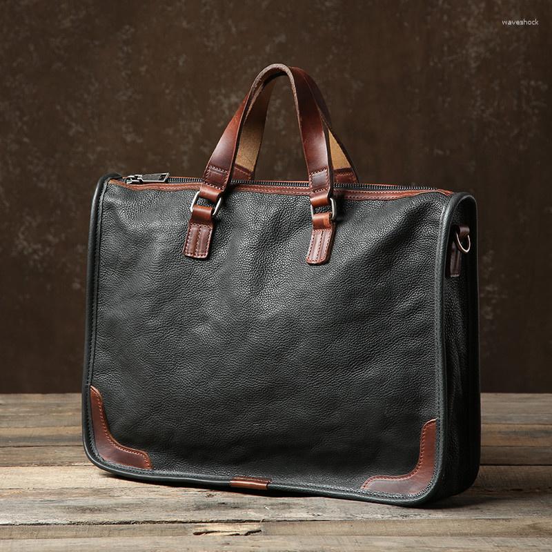 Briefcases Business Retro Luxury Genuine Leather Men Briefcase Casual Soft Natural Real Cowhide Handbag Laptop Shoulder Messenger Bag