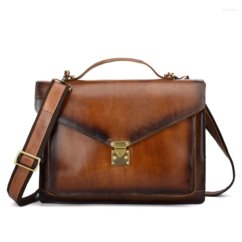 Briefcases Crazy Horse Genuine Leather Men Bags Handbag Shoulder Crossbody Bag Messenger Laptop