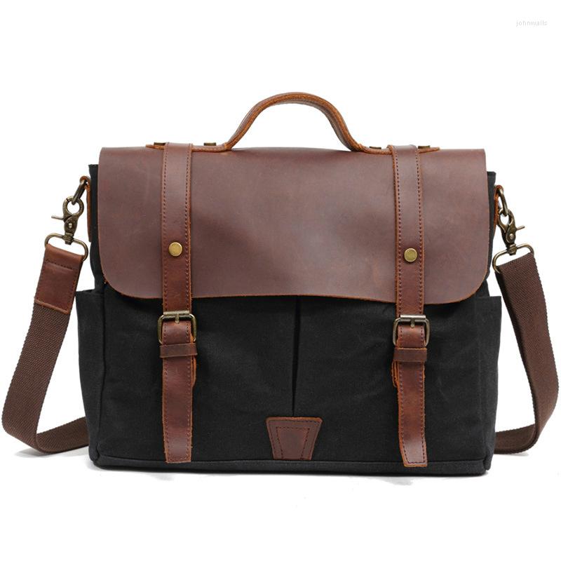 Evrak çantaları moda gündelik erkek ev çantası iş portatif yağ balmumu tuval dikiş deri omuz messenger çanta gerçek çanta