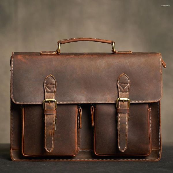 Meridores de maletín genuinos Leathe Vintage Hombre maletín maldito Hombres Bolsa de hombro PREPPY SATCHEL Moda de negocios de 15.6 pulgadas laptop