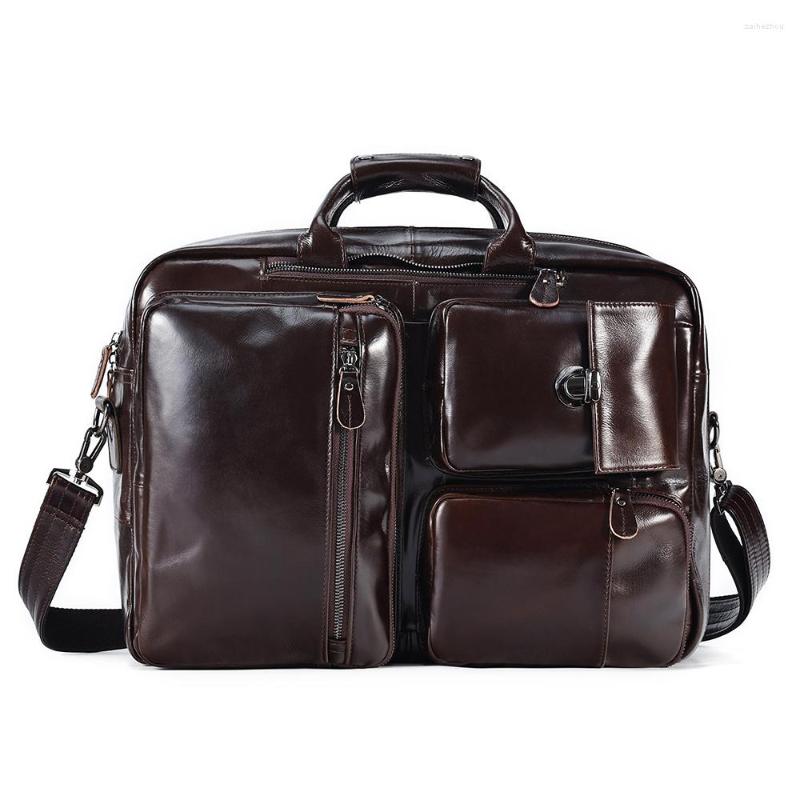 Briefcases Genuine Leather Briefcase For Men Messenger Bag Multifunction Purpose 17.3" Laptop Backpack High Capacity Travel Rucksack