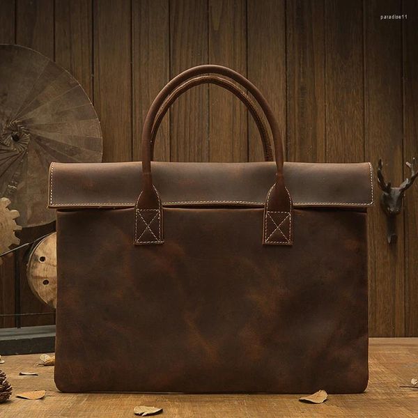 Maletines Maletín de cuero genuino hecho a mano Bolso de cuero de vaca Rero para hombres Casual 16 pulgadas Bolsa para computadora portátil Vintage Crazy Horse Office Tote