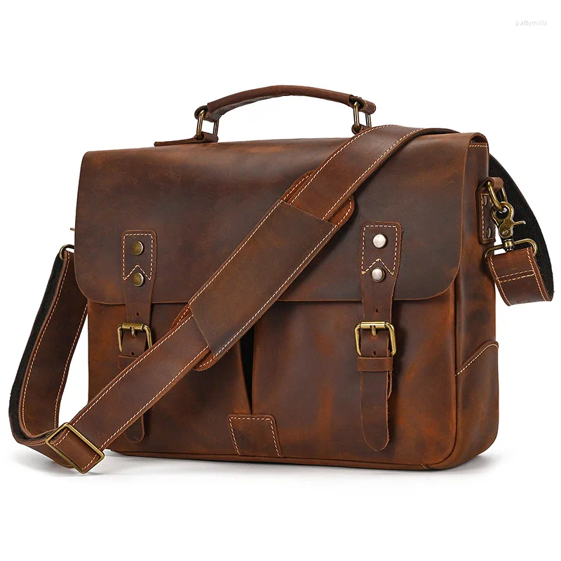 Pastas Highend Vintage Brown A4 Top Grão Genuíno Crazy Horse Couro 14 '' Laptop Executivo Homens Maleta Portfólio Messenger Bag M2009