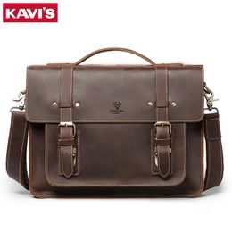 Aktentaschen Kavis Neue Männer Leder Kaffee Aktentasche Business Handtasche Messenger Bags Männlich Vintage Umhängetasche männer Laptop Reisetaschen Hot