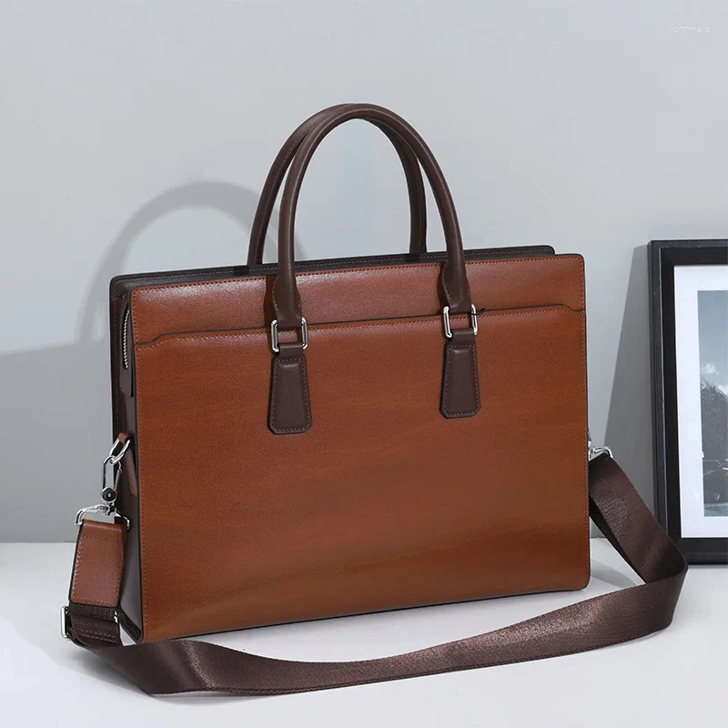 Briefcases Luxury Genuine Leather Briefcase For Man Executive Designer Cowhide Handbag Tote Portfolio Document Shoulder Business Laptop Bag