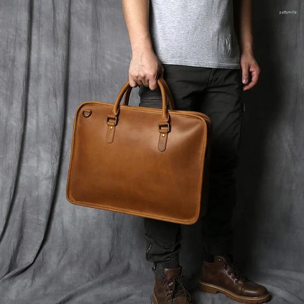 Maletines de lujo de cuero genuino para hombre, bolso para portátil de gran capacidad, maletín ejecutivo Vintage para hombre, bolsos de hombro de diseñador