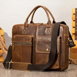 Porte-documents de luxe en peau de vache naturelle pour hommes, sac d'affaires en cuir véritable Crazy Horese, grande capacité, sacs à main pour ordinateur portable en peau de vache