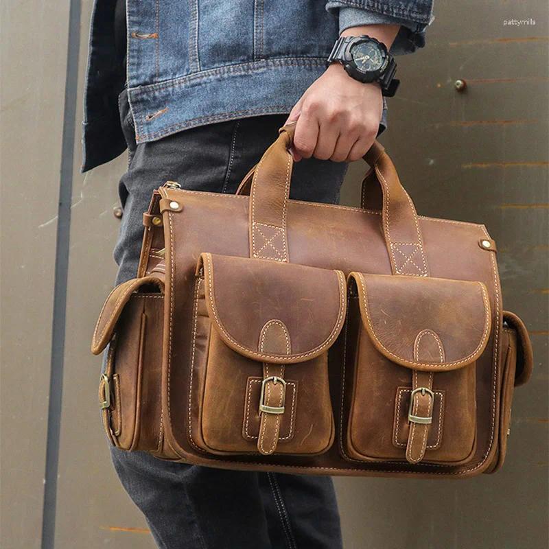 Briefcases Men's Crazy Horse Leather Briefcase Fit 14" Laptop Fashion Genuine Handbag Business Bag Brown Work Tote