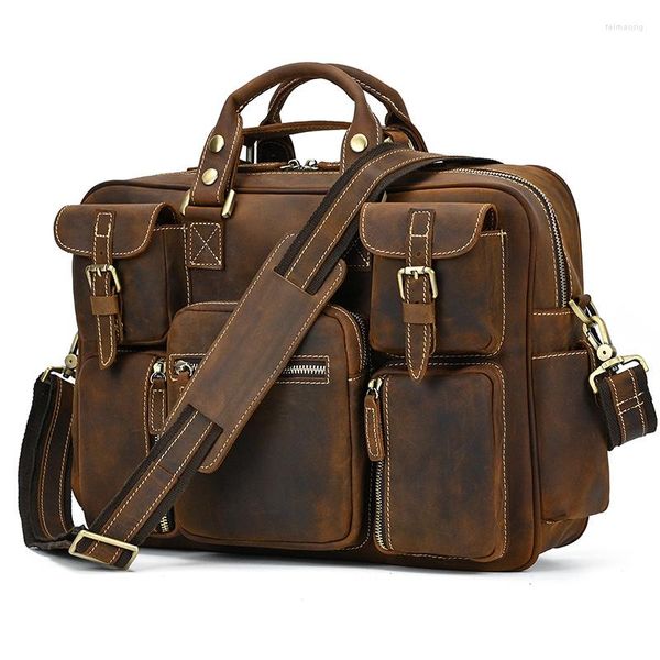 Porte-documents en cuir véritable pour hommes, porte-documents Vintage cheval, grand ordinateur portable, fourre-tout de travail d'affaires, sac messager en cuir de vache