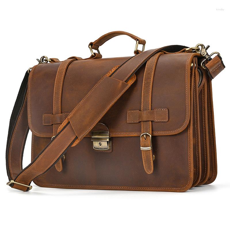 Briefcases Men Real Cow Leather Briefcase Business Handbag Messenger Bags Male Vintage Shoulder Bag Men's Large 15.6 Inch Laptop Travel