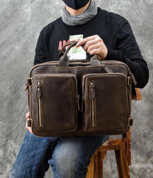 Porte-documents en cuir Crazy Horse pour hommes avec double poche PC Véritable sac à main Laotop Business Bag 2 Use Shoulder BagBriefcases