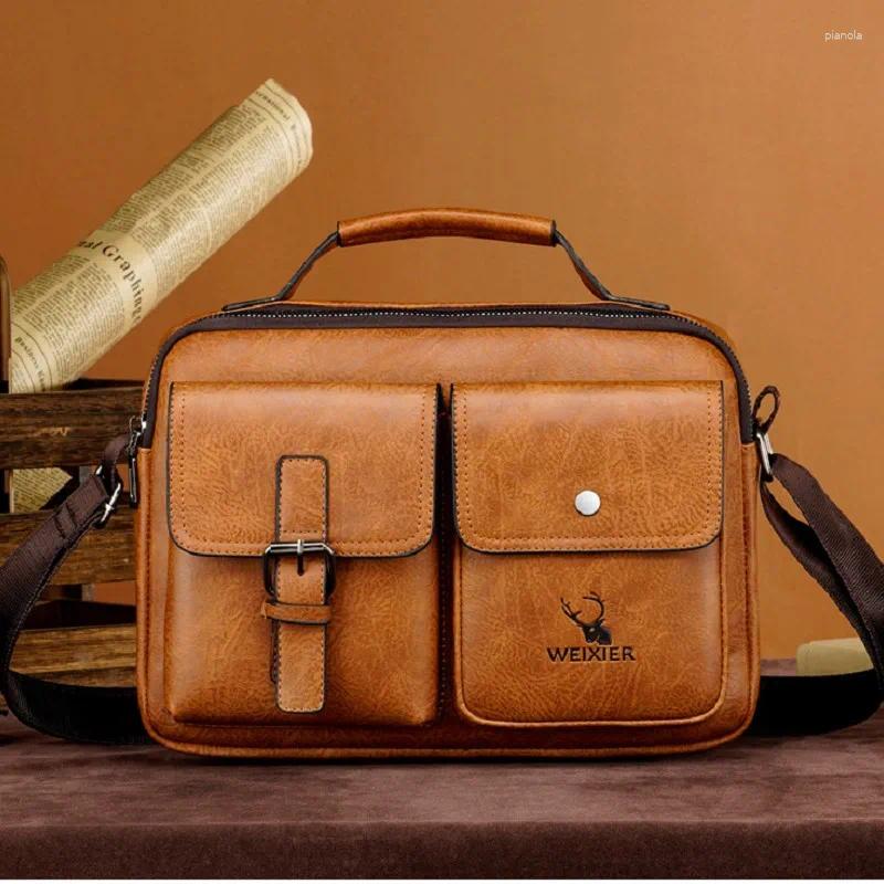 Briefcases Men's Handbag Messenger Valise Shoulder Bags Zipper Briefcase Front Pocket Leisure Retro Letter Cartoon PU Outdoor Satchel Black