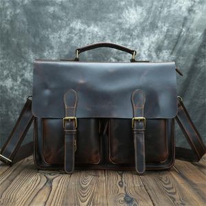 Aktetassen Nesitu Highend Vintage A4 Dik Bruin Lederen Kantoor 14 ''Laptop Mannen Aktetas Crazy Horse Messenger Bag m012