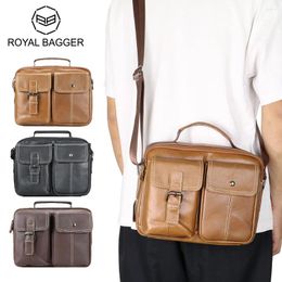 Bijvallen Royal Bagger Echte lederen Heren Solid Color Business Messenger Bags Vintage Shoulder Crossbody Bag 1679