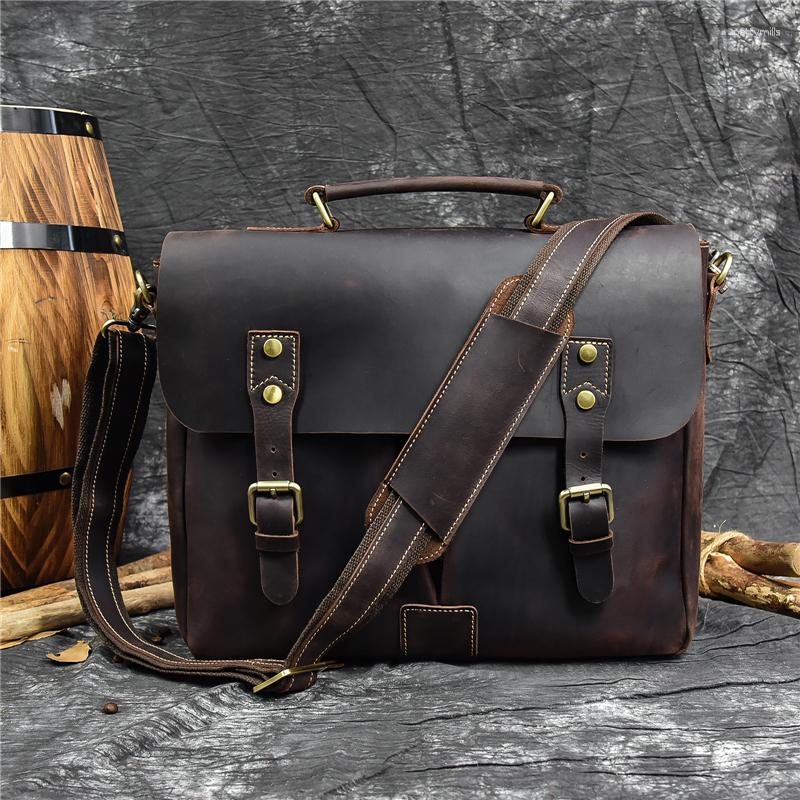 Bortkyror Sbirds Retro Men's Leather Handbags äkta MacBook -portfölj för 14 