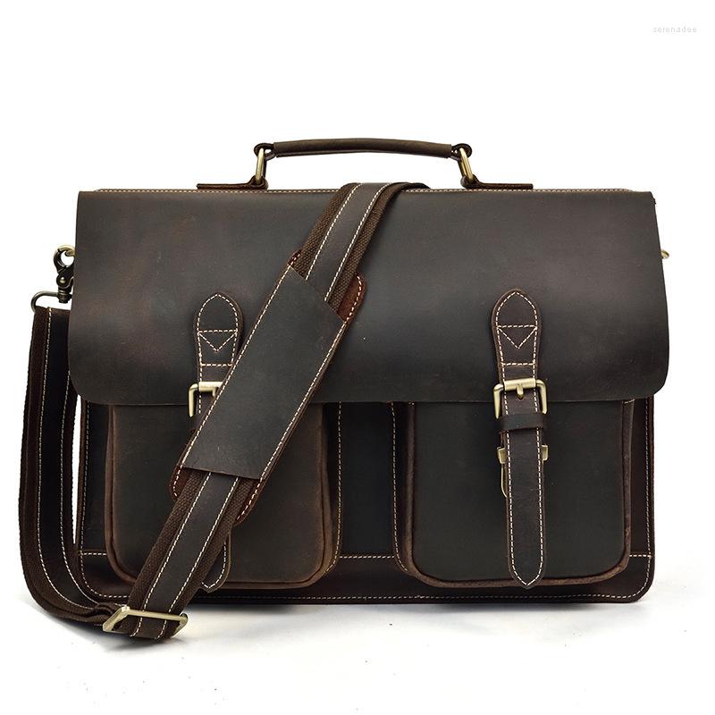 Bortkyror Sbirds Vintage Fashion Leather Portfölj 15 tum Laptop Business Bag Hand Pack Dual Use äkta