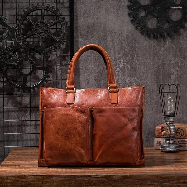 Maletines Maletín de cuero curtido vegetal Bolso de hombre Bolso retro casual para hombre Bolso para computadora portátil de negocios Original