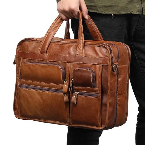 Porte-documents Vintage A4 marron café grain supérieur en cuir véritable exécutif 14 '' ordinateur portable hommes porte-documents épaule messager sac portefeuille M9913