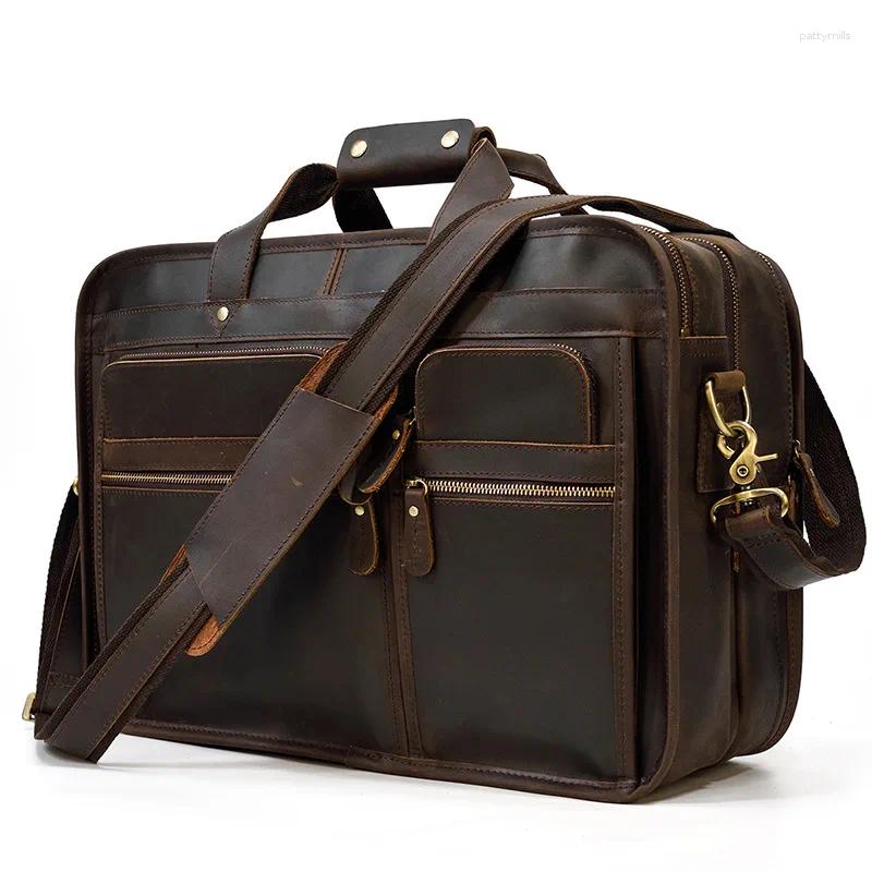 Briefcases Vintage Leather Mens Briefcase With Pockets Cowhide Bag On Business Suitcase Crazy Horse Laptop Bags 2024 Design