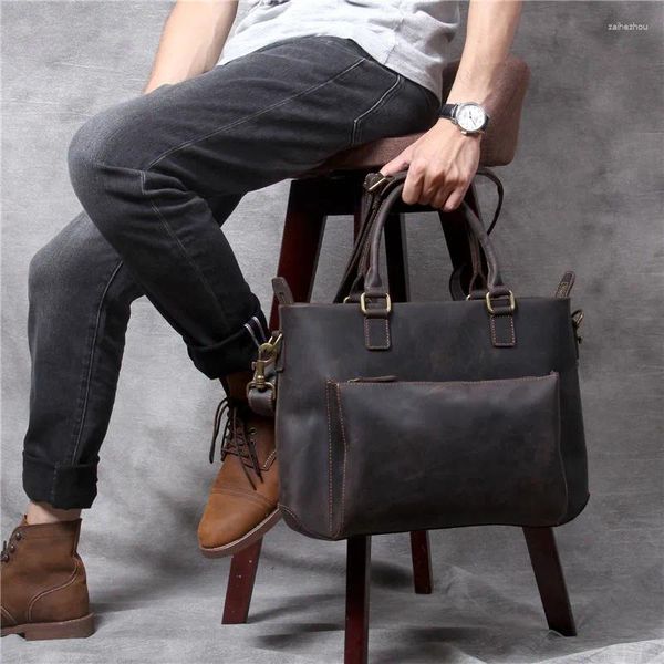 Porte-documents Vintage Simple Porte-documents en cuir véritable pour hommes Classique Première couche Sac à main Noir Café Sac à bandoulière décontracté