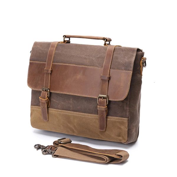 Porte-documents en toile cirée pour homme, porte-documents en cuir de cheval fou, sac à main de travail, sac de messager, sac d'ordinateur portable de style vintage avec personnalisation 231030