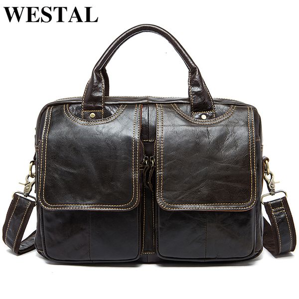 Porte-documents WESTAL Bag Hommes Porte-documents en cuir pour 14 '' Laptop Bag Business Men Bags for Document Computer Messenger Laptop Briefcases 8002 230520