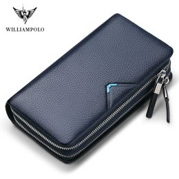 Mots de porte Williampolo Men Wallet Brand Business Solid Double Zipper Men Genuine cuir Handbag Howhide Long Men Sac Clutch Sac Portefeuille