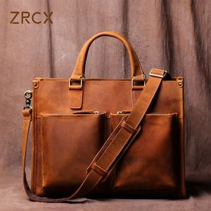 Porte-Documents ZRCX Vintage Homme Sac À Main Porte-Documents Hommes Épaule Crazy Horse Sacs En Cuir Véritable Marron Mode D'affaires 14 Pouces Sac Pour Ordinateur Portable 230506